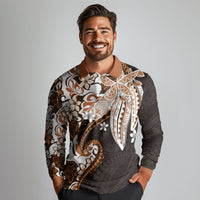 Monstera Plumeria Flowers Orange Long Sleeve Polo Shirt Polynesian Pattern LT01 - Polynesian Pride