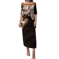 Monstera Plumeria Flowers Orange Puletasi Polynesian Pattern LT01 Long Dress Orange - Polynesian Pride