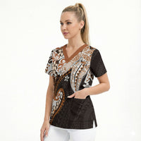 Monstera Plumeria Flowers Orange Scrub Top Polynesian Pattern LT01 - Polynesian Pride