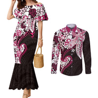 Monstera Plumeria Flowers Pink Couples Matching Mermaid Dress and Long Sleeve Button Shirt Polynesian Pattern LT01 Pink - Polynesian Pride
