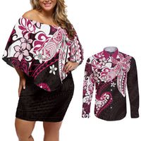 Monstera Plumeria Flowers Pink Couples Matching Off Shoulder Short Dress and Long Sleeve Button Shirt Polynesian Pattern LT01 Pink - Polynesian Pride