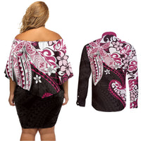 Monstera Plumeria Flowers Pink Couples Matching Off Shoulder Short Dress and Long Sleeve Button Shirt Polynesian Pattern LT01 - Polynesian Pride