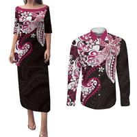 Monstera Plumeria Flowers Pink Couples Matching Puletasi and Long Sleeve Button Shirt Polynesian Pattern LT01 Pink - Polynesian Pride
