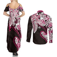 Monstera Plumeria Flowers Pink Couples Matching Summer Maxi Dress and Long Sleeve Button Shirt Polynesian Pattern LT01 - Polynesian Pride