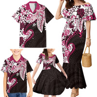 Monstera Plumeria Flowers Pink Family Matching Mermaid Dress and Hawaiian Shirt Polynesian Pattern