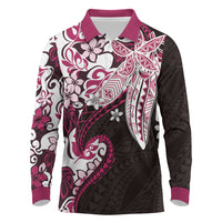 Monstera Plumeria Flowers Pink Long Sleeve Polo Shirt Polynesian Pattern LT01 Pink - Polynesian Pride