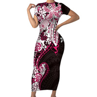 Monstera Plumeria Flowers Pink Short Sleeve Bodycon Dress Polynesian Pattern LT01 Long Dress Pink - Polynesian Pride