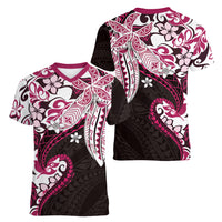 Monstera Plumeria Flowers Pink Women V-Neck T-Shirt Polynesian Pattern LT01 - Polynesian Pride
