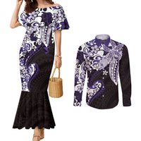 Monstera Plumeria Flowers Purple Couples Matching Mermaid Dress and Long Sleeve Button Shirt Polynesian Pattern LT01 Purple - Polynesian Pride