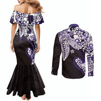 Monstera Plumeria Flowers Purple Couples Matching Mermaid Dress and Long Sleeve Button Shirt Polynesian Pattern LT01 - Polynesian Pride