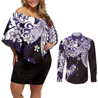Monstera Plumeria Flowers Purple Couples Matching Off Shoulder Short Dress and Long Sleeve Button Shirt Polynesian Pattern LT01 Purple - Polynesian Pride