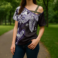 Monstera Plumeria Flowers Purple Cross Shoulder Shirt Polynesian Pattern LT01 - Polynesian Pride