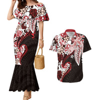 Monstera Plumeria Flowers Red Couples Matching Mermaid Dress and Hawaiian Shirt Polynesian Pattern LT01 Red - Polynesian Pride