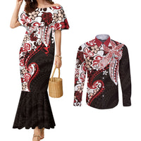 Monstera Plumeria Flowers Red Couples Matching Mermaid Dress and Long Sleeve Button Shirt Polynesian Pattern LT01 Red - Polynesian Pride