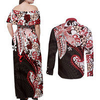 Monstera Plumeria Flowers Red Couples Matching Off Shoulder Maxi Dress and Long Sleeve Button Shirt Polynesian Pattern LT01 - Polynesian Pride