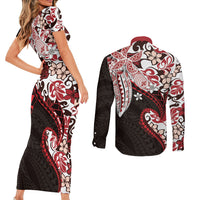 Monstera Plumeria Flowers Red Couples Matching Short Sleeve Bodycon Dress and Long Sleeve Button Shirt Polynesian Pattern LT01 - Polynesian Pride