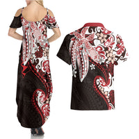 Monstera Plumeria Flowers Red Couples Matching Summer Maxi Dress and Hawaiian Shirt Polynesian Pattern LT01 - Polynesian Pride