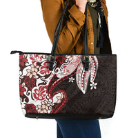 Monstera Plumeria Flowers Red Leather Tote Bag Polynesian Pattern LT01 - Polynesian Pride