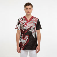 Monstera Plumeria Flowers Red Scrub Top Polynesian Pattern LT01 - Polynesian Pride