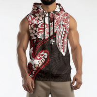 Monstera Plumeria Flowers Red Sleeveless Zip Hoodie Polynesian Pattern LT01 - Polynesian Pride
