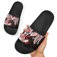 Monstera Plumeria Flowers Red Slide Sandals Polynesian Pattern LT01 - Polynesian Pride