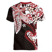 Monstera Plumeria Flowers Red Women V-Neck T-Shirt Polynesian Pattern LT01 - Polynesian Pride
