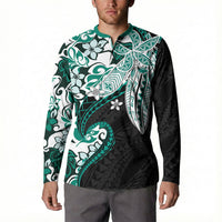 Monstera Plumeria Flowers Teal Button Sweatshirt Polynesian Pattern LT01 - Polynesian Pride