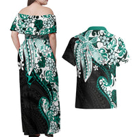 Monstera Plumeria Flowers Teal Couples Matching Off Shoulder Maxi Dress and Hawaiian Shirt Polynesian Pattern LT01 - Polynesian Pride