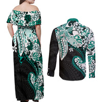 Monstera Plumeria Flowers Teal Couples Matching Off Shoulder Maxi Dress and Long Sleeve Button Shirt Polynesian Pattern LT01 - Polynesian Pride