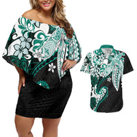 Monstera Plumeria Flowers Teal Couples Matching Off Shoulder Short Dress and Hawaiian Shirt Polynesian Pattern LT01 Teal - Polynesian Pride
