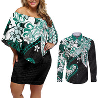 Monstera Plumeria Flowers Teal Couples Matching Off Shoulder Short Dress and Long Sleeve Button Shirt Polynesian Pattern LT01 Teal - Polynesian Pride