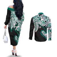 Monstera Plumeria Flowers Teal Couples Matching Off The Shoulder Long Sleeve Dress and Long Sleeve Button Shirt Polynesian Pattern LT01 - Polynesian Pride