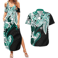 Monstera Plumeria Flowers Teal Couples Matching Summer Maxi Dress and Hawaiian Shirt Polynesian Pattern LT01 Teal - Polynesian Pride