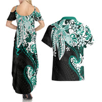 Monstera Plumeria Flowers Teal Couples Matching Summer Maxi Dress and Hawaiian Shirt Polynesian Pattern LT01 - Polynesian Pride