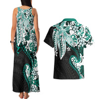 Monstera Plumeria Flowers Teal Couples Matching Tank Maxi Dress and Hawaiian Shirt Polynesian Pattern LT01 - Polynesian Pride