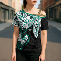 Monstera Plumeria Flowers Teal Cross Shoulder Shirt Polynesian Pattern LT01 - Polynesian Pride