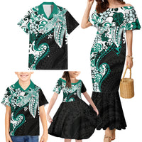 Monstera Plumeria Flowers Teal Family Matching Mermaid Dress and Hawaiian Shirt Polynesian Pattern