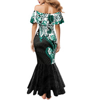 Monstera Plumeria Flowers Teal Family Matching Mermaid Dress and Hawaiian Shirt Polynesian Pattern