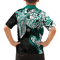 Monstera Plumeria Flowers Teal Family Matching Off The Shoulder Long Sleeve Dress and Hawaiian Shirt Polynesian Pattern