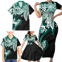 Monstera Plumeria Flowers Teal Family Matching Short Sleeve Bodycon Dress and Hawaiian Shirt Polynesian Pattern