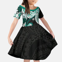 Monstera Plumeria Flowers Teal Kid Short Sleeve Dress Polynesian Pattern LT01 KID Teal - Polynesian Pride