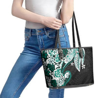 Monstera Plumeria Flowers Teal Leather Tote Bag Polynesian Pattern LT01 - Polynesian Pride