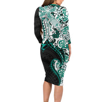 Monstera Plumeria Flowers Teal Long Sleeve Bodycon Dress Polynesian Pattern LT01 - Polynesian Pride