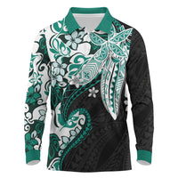 Monstera Plumeria Flowers Teal Long Sleeve Polo Shirt Polynesian Pattern LT01 Teal - Polynesian Pride