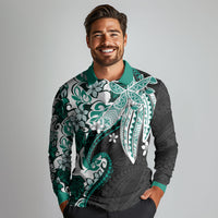 Monstera Plumeria Flowers Teal Long Sleeve Polo Shirt Polynesian Pattern LT01 - Polynesian Pride