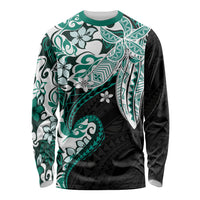 Monstera Plumeria Flowers Teal Long Sleeve Shirt Polynesian Pattern LT01 Unisex Teal - Polynesian Pride
