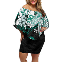 Monstera Plumeria Flowers Teal Off Shoulder Short Dress Polynesian Pattern LT01 Women Teal - Polynesian Pride