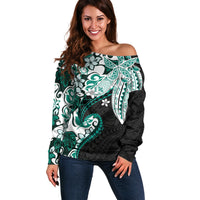 Monstera Plumeria Flowers Teal Off Shoulder Sweater Polynesian Pattern LT01 Women Teal - Polynesian Pride