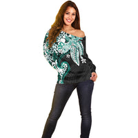 Monstera Plumeria Flowers Teal Off Shoulder Sweater Polynesian Pattern LT01 - Polynesian Pride