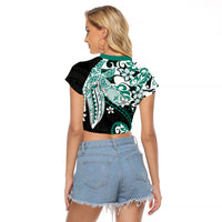 Monstera Plumeria Flowers Teal Raglan Cropped T Shirt Polynesian Pattern LT01 - Polynesian Pride